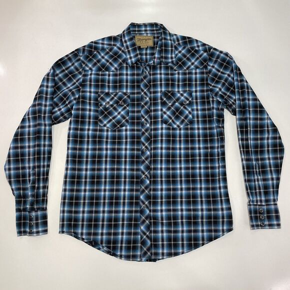 VTG Wrangler Retro Men’s Pearl Snap Western Rodeo Shirt Plaid Blue Check XL - Picture 1 of 9